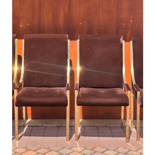 Metal 20th Century Brass And Brown Velvet Dining Room Chairs - Set of 4 For Sale - Image 7 of 12