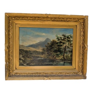 James Poole Antique Landscape Oil Painting – River Scene W/ Figures, 19.5” X 15.25”, Gilt Frame For Sale