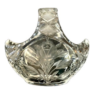 Vintage Crystal Bridal Basket With Etched Rose & Cut Glass – 6" Wedding Centerpiece, Germany - Bavarian Glass For Sale