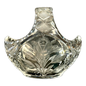 Vintage Crystal Bridal Basket With Etched Rose & Cut Glass – 6" Wedding Centerpiece, Germany - Bavarian Glass