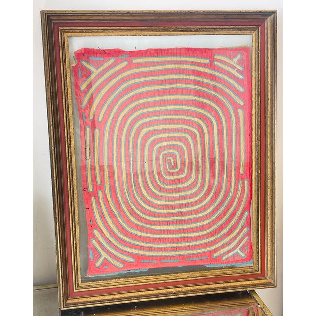 Exceptional unique African antique textile art fragment handmade in 3 colours, complex geometric pattern, framed in double...