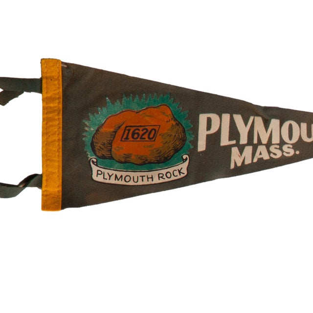 Vintage Plymouth Rock Mass. felt flag pennant circa 1950. This classic mid-century souvenir is from Plymouth Massachusetts...