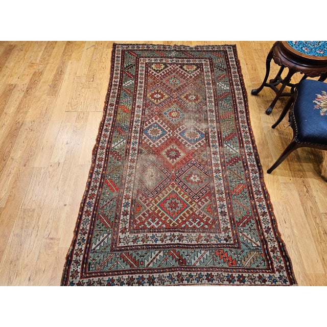 19th Century Antique Caucasian Kazak Area Rug, Handwoven Allover Design, Red & Green, 5' x 8' For Sale - Image 5 of 18