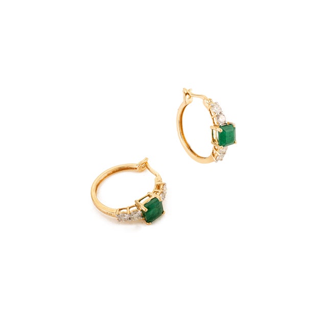 Not Yet Made - Made To Order 18k Yellow Gold 1.45Ct Square Emerald & Diamond Everyday Hoop Earrings- A Pair For Sale - Image 5 of 13
