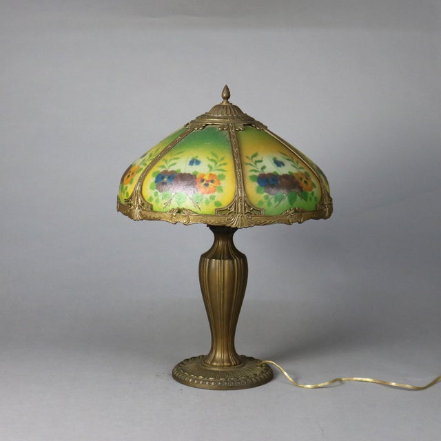 Antique Bradley & Hubbard Arts and Crafts Reverse Painted Floral Lamp Signed For Sale - Image 11 of 12