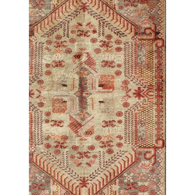 Antique Khotan Rug with Unique Pattern in Gray Border, soft Yellow Green field, Red, Red Orange, Lt. Green & Brown. Khotan...