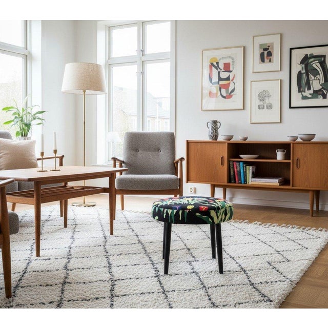 Mid-Century Modern Round Stool in Linen Fabric from Svenskt Tenn, 1960s For Sale - Image 3 of 15