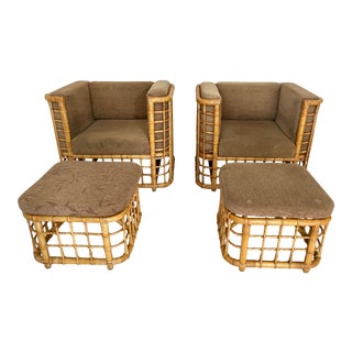 Vintage Rattan Cube Lounge Chairs and Ottomans- a Pair For Sale
