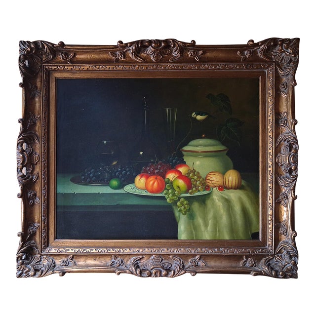Vintage Mid-20th Century Realist Still Life Oil Painting After Johann Winck With Fruit and Porcelain Tureen For Sale