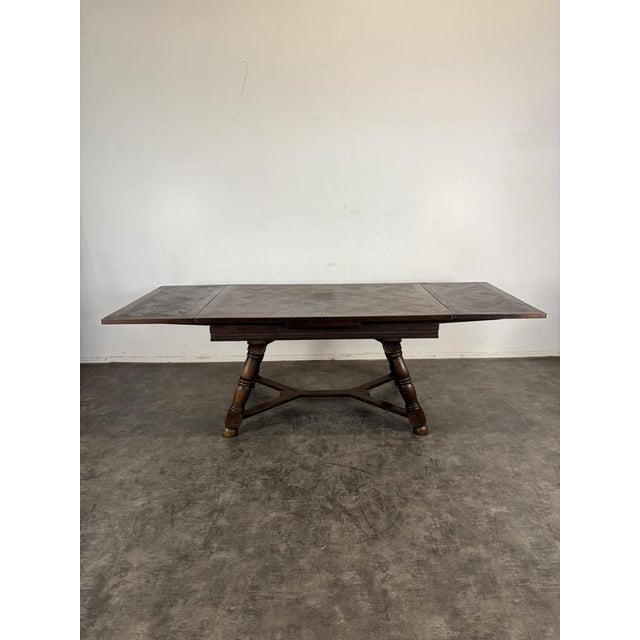 Extendable Oak Table with Parquet Top and Baluster Base For Sale - Image 4 of 5