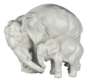 White Porcelain Figurine of Elephant and Baby by Artepiu Este, Italy, 1990s