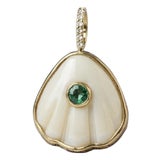 Shell Pendant With Emerald, Diamonds & 14k Gold For Sale