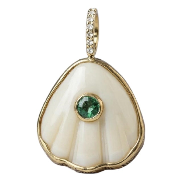 Shell Pendant With Emerald, Diamonds & 14k Gold For Sale