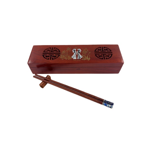 Asian Modern Vietnamese Wooden Chopsticks for 8 With Blue Mother of Pearl Marbled Tips Decorative Storage Box and Coordinating Rests - 25 pcs For Sale - Image 11 of 11