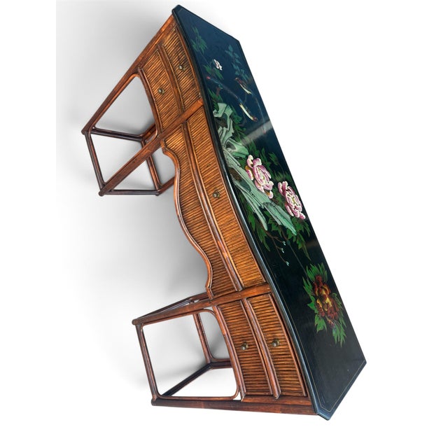 Chinoiserie Vintage Chinoiserie Bamboo & Rattan Console Desk With Hand-Painted Lacquer Top For Sale - Image 3 of 12