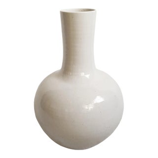 Vintage Farmhouse Modern White Long Neck Ceramic Vase For Sale