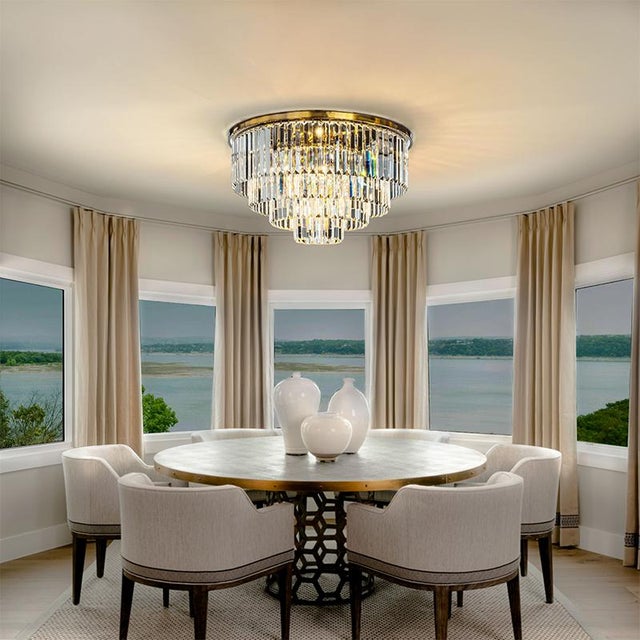 Contemporary Aloadecor 8-Lights Modern Antique Gold 4-Tier Round Fringe Crystal Flush Mount Ceiling Light For Sale - Image 3 of 8