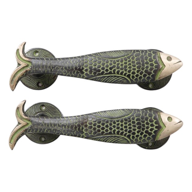 Green Brass Fish Handles, a Pair For Sale