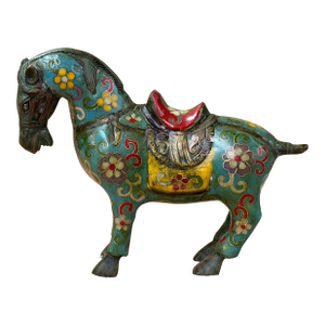 Vintage Chinese Turquoise Blue Flower Cloisonné Enamel Horse Statue
