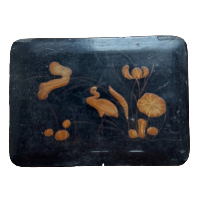 Japanese Lacquer Box with Maki-E Heron and Lotus, 1990s For Sale
