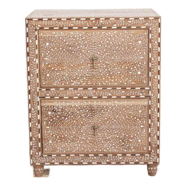 2-Drawer Floral Vine Inlay Bedside Chest For Sale
