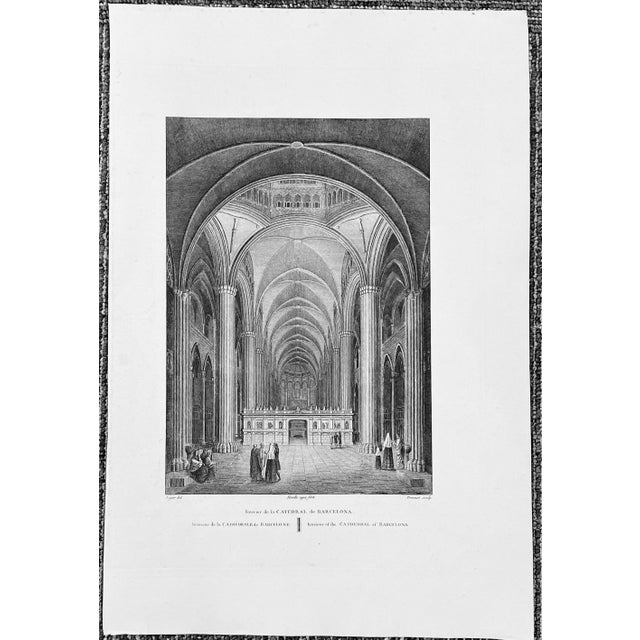 Early 19th century Spanish engraving of the gothic interior of Barcelona Cathedral. Sheet size: 16 x 10.75 inches Image...
