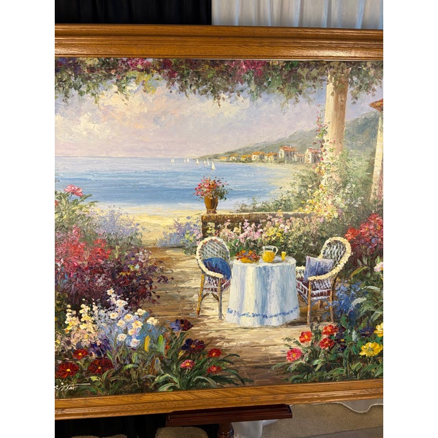 Late 20th Century Large Mid-Century Style Mediterranean Coastal Terrace Oil Painting - Signed "W. Brittain" For Sale In Phoenix - Image 6 of 10