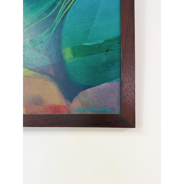 Late 20th Century Framed Original Abstract Acrylic Painting Teal Green Still Life Art, Wood Frame For Sale - Image 11 of 14
