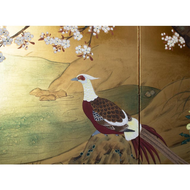 "Cherry Blossoms and Golden Birds" by Ransetsu, Heisei Era Japanese Byobu Screen For Sale - Image 12 of 18