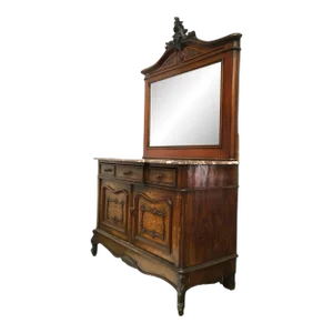 Louis XVI Solid Oak Dressing Vanity Table With Mirror and Marble Top