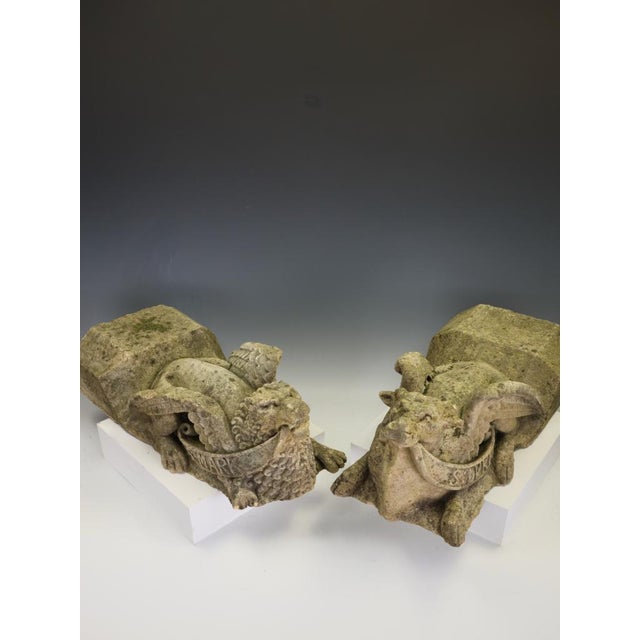 Pair of Victorian Gothic Revival Limestone Corbels, Tetramorph Lion & Ox, Harrogate c.1870 An exceptional and highly...