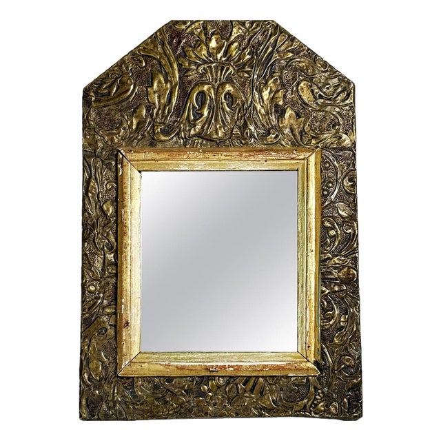 Small French Patinated Mirror in Gilded Metal and Wood, 1970 For Sale