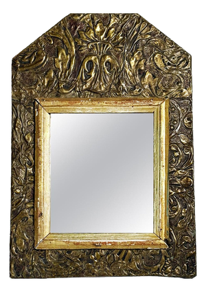 Small French Patinated Mirror in Gilded Metal and Wood, 1970