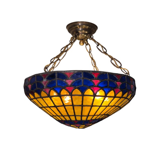 Goldenrod Vintage Colorful French Stained Glass Bowl/ Pendant Light Fixture For Sale - Image 8 of 18