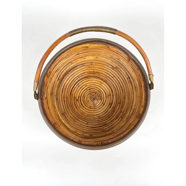 Brown Large Italian Rattan & Brass Basket, 1970s For Sale - Image 8 of 12