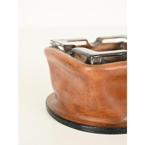 Black Curved Leather and Crystal Ashtray by Jacques Adnet, Italy, 1950s For Sale - Image 8 of 12