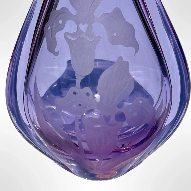 Mid 20th Century Vintage Czech Neodymium Glass Vase, Etched Floral Iris Design, Color-Changing Alexandrite Glass, Signed For Sale - Image 5 of 8