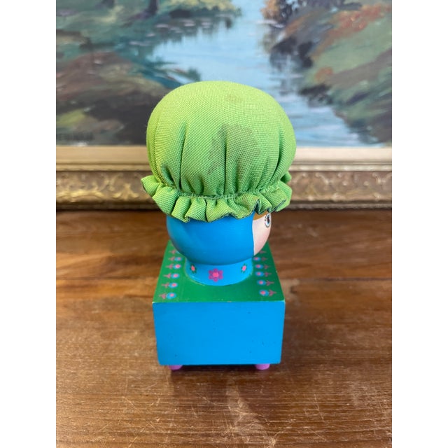 Vintage Hand-Painted Folk Art Doll Figurine on Wooden Block Base With Fabric Bonnet, Signed Mary Maki Rae For Sale - Image 4 of 10