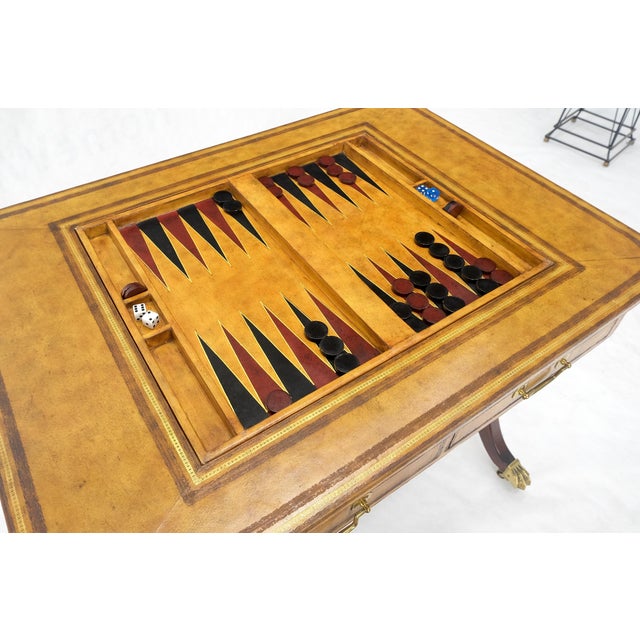 Tan Flip Top Chess Board Backgammon Tooled Leather Top Two Drawers Game Table For Sale - Image 8 of 12