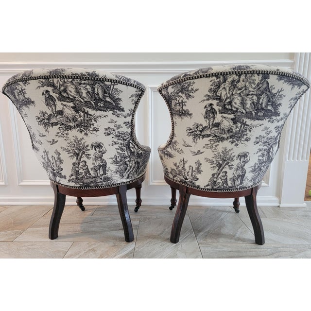 Antique Victorian Toile Upholstered Parlor Slipper Chairs on Casters – A Pair For Sale - Image 4 of 17