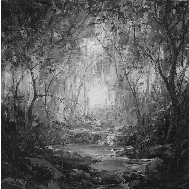 Muddle by Todd Carpenter | Oil on board Landscape with trees and a stream in a forest setting For Sale