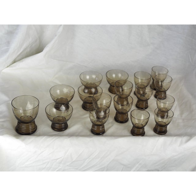 1970s French Smoked Blown Engraved Glasses- Set of 17 For Sale - Image 12 of 13
