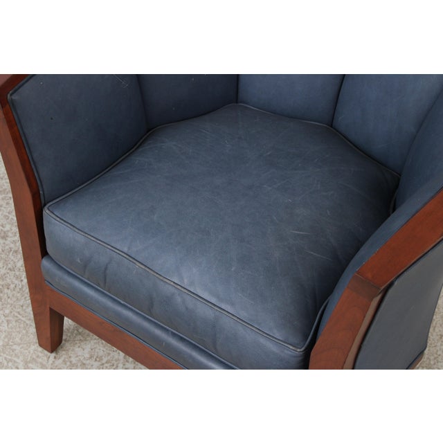 Blue Pair of Stickley Cherry Blue Leather Club Chairs For Sale - Image 8 of 15