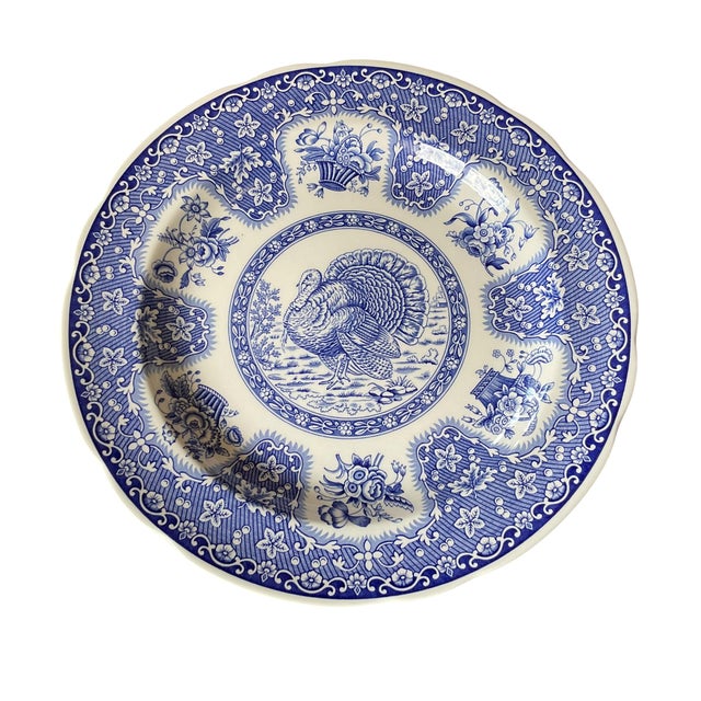 1990s Spode Festival Blue Turkey Dinner Plates England Thanksgiving - Set of 8 For Sale - Image 6 of 9