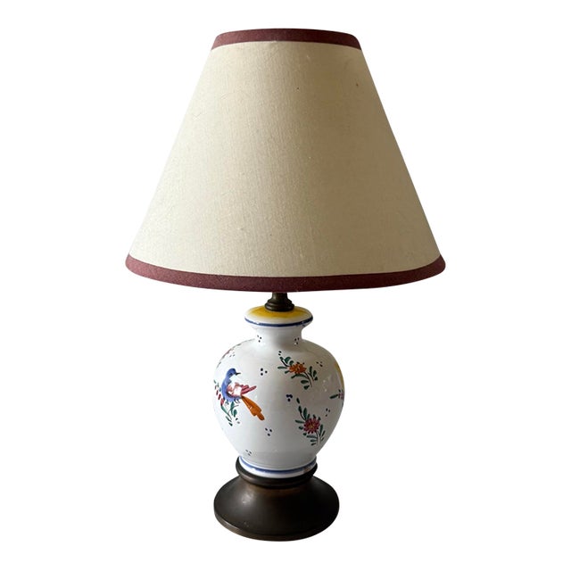 Vintage Faience Small Table Lamp With Hand Painted Birds For Sale