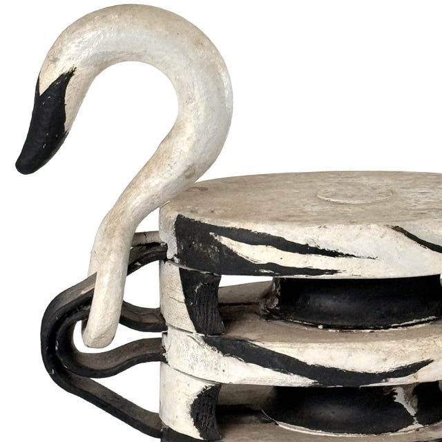 Vintage 1950s Folk Art Swan Painted Black & White Industrial Starline Wood Pulley For Sale - Image 9 of 11
