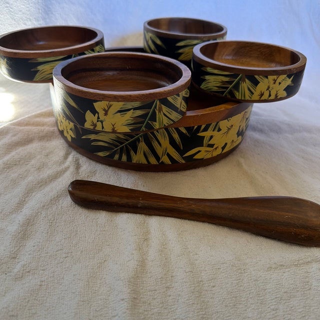 Vintage Handcrafted Wooden Black Lacquer & Bamboo Salad Serving Set - 6 pcs For Sale - Image 11 of 12