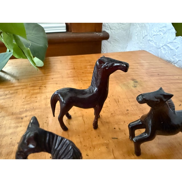 Mid 20th Century Vintage Carved Dark Wood Horse Figurines, Set of 5 Miniatures For Sale - Image 5 of 9