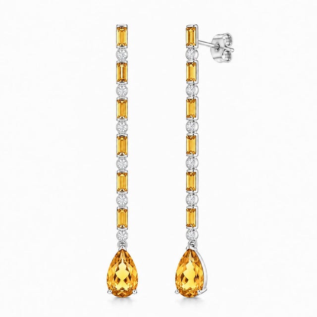 Citrine and Colorless Topaz Long Drop Earrings studs. Art Deco Inspired Citrine and Colorless Topaz Long Earrings....
