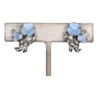 Vintage 1930s Rhodium Plated Blue Tutti Frutti Acorn & Leaf Screw Back Earrings-2 Pieces For Sale